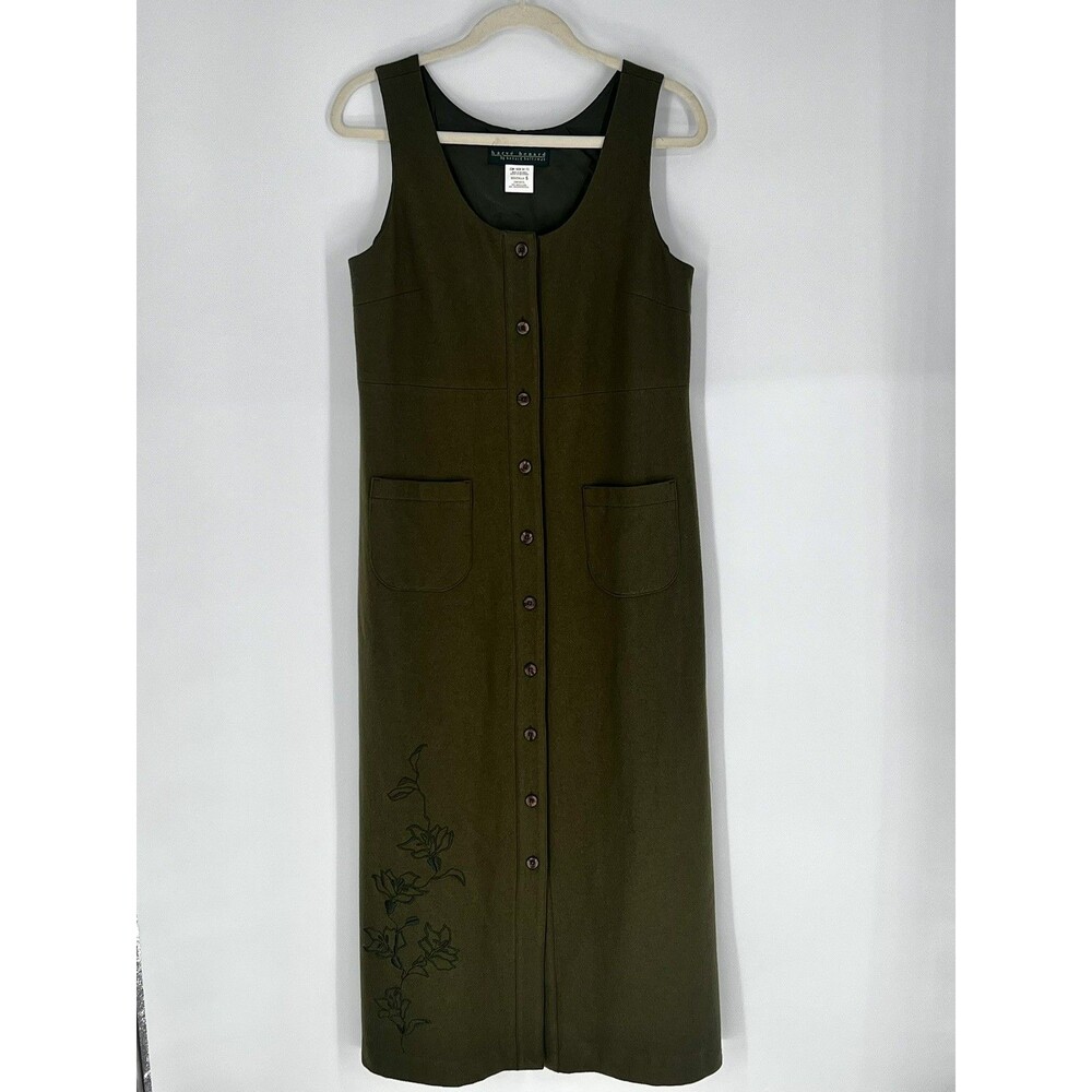 Vintage 90s Harve Benard Wool Maxi Jumper Dress 6 Olive Green Lined Embroidered